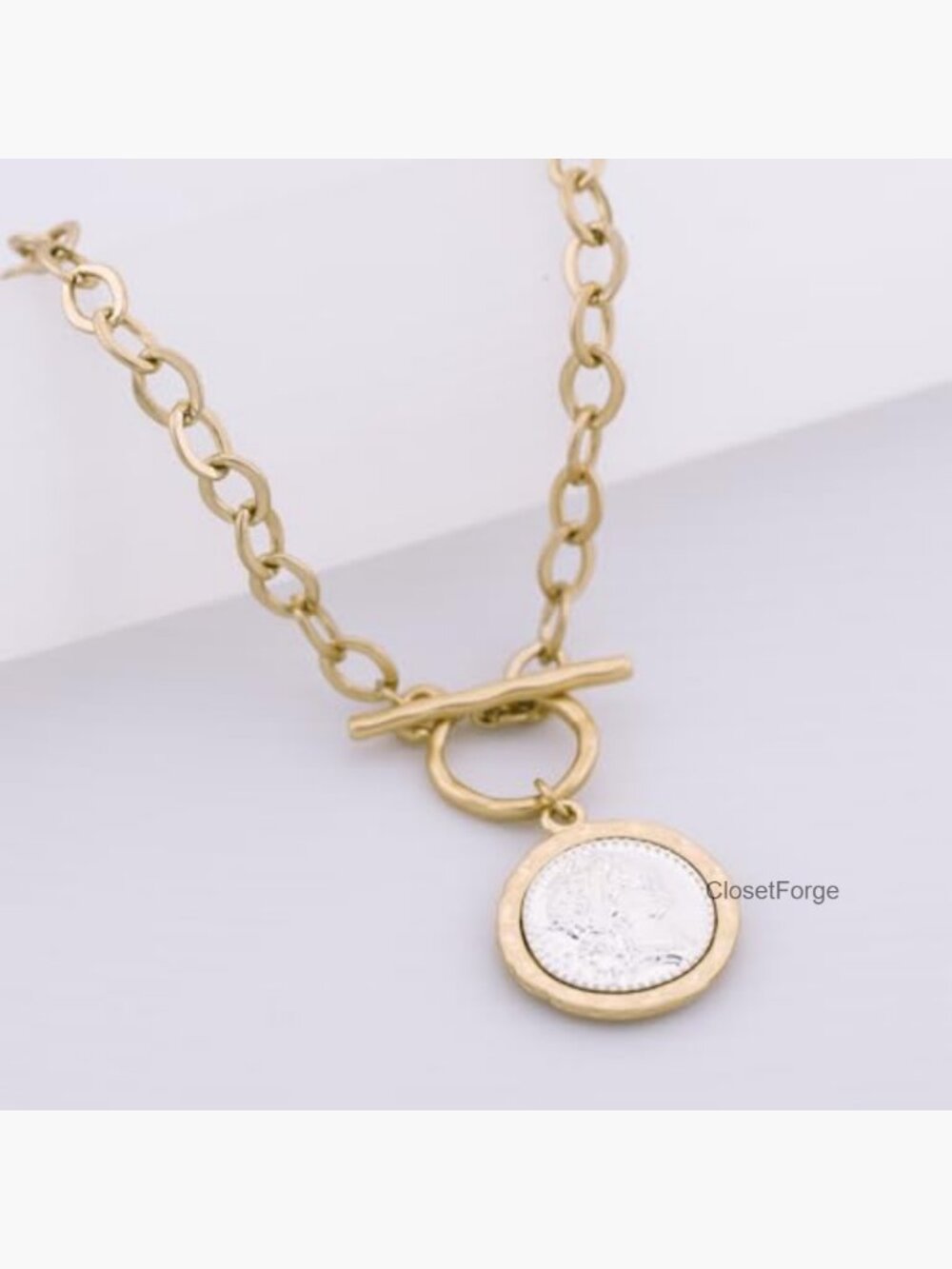 Antique Gold Plated Chunky Coin Necklace 18" Thick Link Chain - Picture 4 of 7